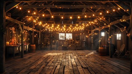 Create a rustic barn wedding scene with wooden barrels, hay bales, and string lights. Make the barn look warm and inviting.