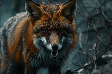 A fox facing forward, ready to attack, Generative AI, wild animal, aggression, rabies, feral