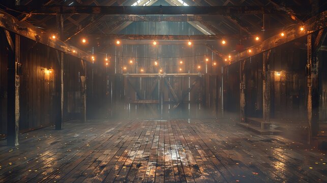 A dark and dusty barn with wooden beams and a wooden floor. The barn is lit by a few dim lights. There is a large wooden door in the background.