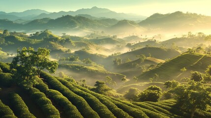 Panoramic View of Coffee Plantation at Sunrise with Rows of Coffee Bushes on Rolling Hills