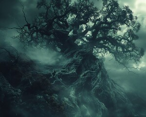 Obraz premium Haunting image of a twisted, ancient tree under a foreboding night sky, evoking a sense of mystery and eerie beauty.