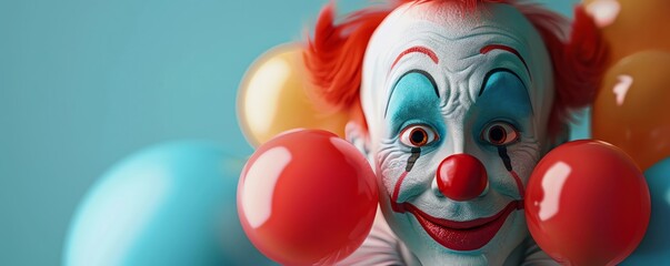 Fototapeta premium A clown with a red nose and blue eyes is holding two balloons, one red and one blue
