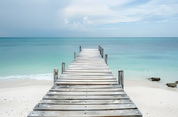 Obraz premium Wooden Pier on White Sand Beach with Turquoise Sea in Tropical Island