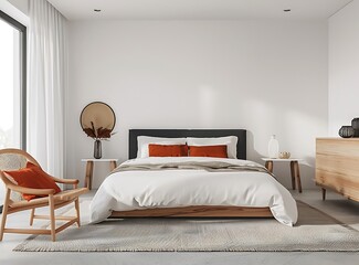 Sleek Scandinavian bedroom with white walls