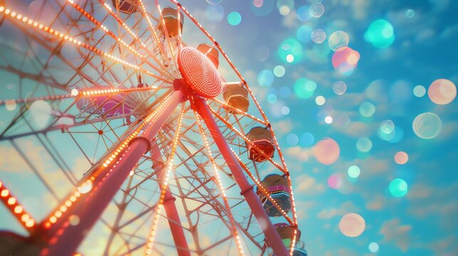 A colorful Ferris wheel against a blue sky. The Ferris wheel is lit up with pink and yellow lights. The sky is a clear blue with a few white clouds.