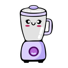 A cute cartoon blender with a smiling face, in white and purple colors