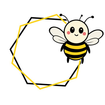  A cute cartoon bee with a smiling face inside a hexagonal yellow frame