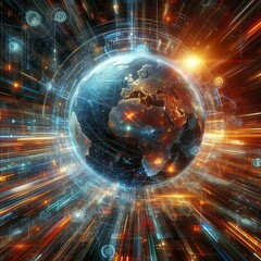 Digital world globe out of control, extreme speed of global network and excessive connectivity on Earth, super fast data transfer in a mad rush and crazy exchanges