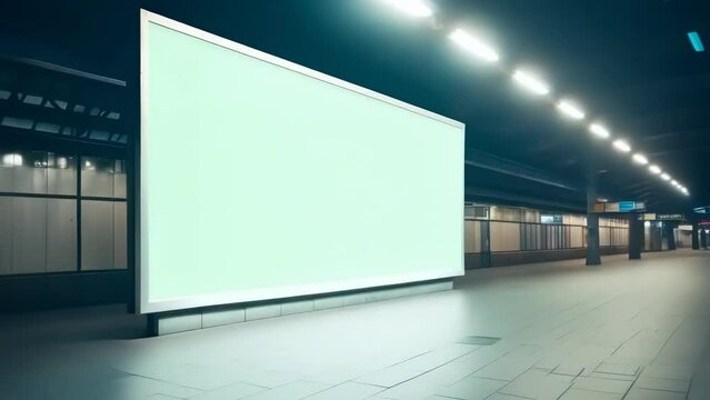 A large, blank billboard in a modern subway station ready for advertising. This empty sign symbolizes opportunity, marketing, transit, urban life, promotions, cityscape, potential, exposure