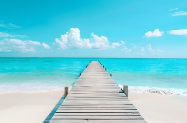 Fototapeta premium Wooden Pier on White Sand Beach with Turquoise Sea and Blue Sky