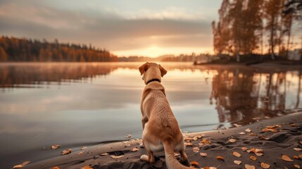 A dog is sitting on the beach near a lake