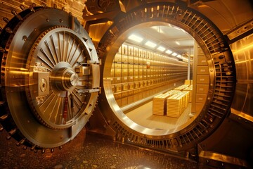 The Interior of a Grand Open Bank Vault with Gold Bars: Symbol of Wealth and Security
