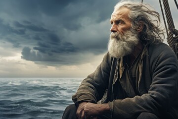 Pensive elderly sailor with a beard looking out over the sea under stormy skies