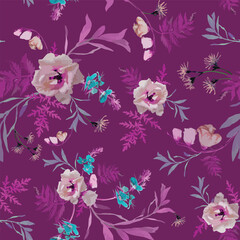 Vector floral pattern of pink and purple wild flowers on dark burgundy background. White thistles, cornflowers, veronica chamaedrys, meadow leaves.