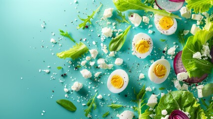 Chic and Trendy Advertising Banner of Cobb Salad Ingredients on a Fashionable Teal Background for Modern Culinary Promotions