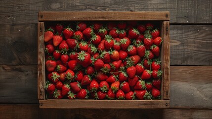 shot from above the wooden box, showing the strawberries arranged in layers and creating an attractive and neat visual effect. generative ai