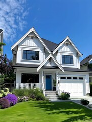 beautiful white house with a front porch and large yard in Vancouver, showing the full home exterior on a sunny day with a blue sky, green grass,