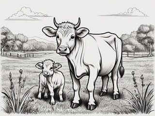A cow in nature outline for coloring book Generative AI