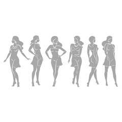 Collection. Silhouette of a woman in style. The girl is slim and beautiful. Lady suitable for decor, posters, stickers, logo. Vector illustration set