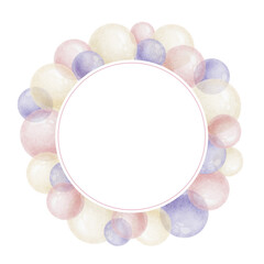 Frame of purple and pink air balloons. Watercolor isolated hand drawn illustration. Wreath for postcards, decoration of children's rooms and party, Baby shower and birthday cards