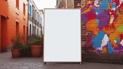 A white empty blank frame mockup leaning against a vibrant graffiti wall in an urban alleyway,...