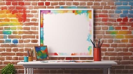 A white empty blank frame mockup hanging on a brick wall in a trendy art studio, with colorful paintings and creative tools.