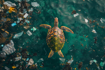 Aerial view of ocean waters littered with floating plastic debris, showing a turtle entangled in plastic bags and fishing nets.. AI generated.