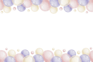 Frame of purple and pink air balloons. Watercolor isolated hand drawn illustration. Wreath for postcards, decoration of children's rooms and party, Baby shower and birthday cards