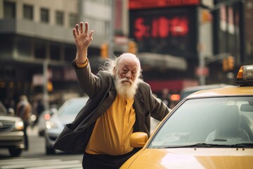 Senior bearded man waving for a cab in a bustling urban setting with blurred traffic background