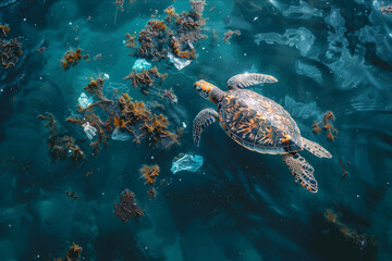 Obraz premium Aerial view of ocean waters littered with floating plastic debris, showing a turtle entangled in plastic bags and fishing nets.. AI generated.