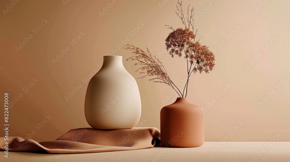 Wall mural Two vases, one white and one brown, are placed on a table with a brown cloth