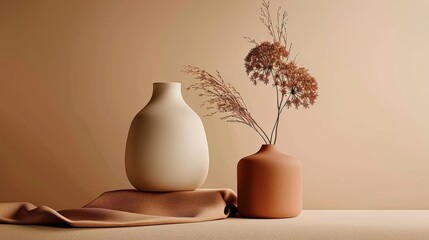 Two vases, one white and one brown, are placed on a table with a brown cloth