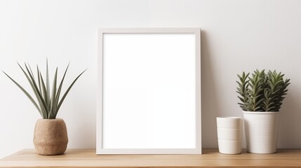 A white empty blank frame mockup placed on a wooden shelf in a cozy living room, surrounded by plants and books.