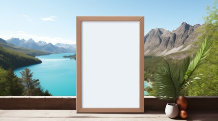A white empty blank frame mockup propped up on a rocky cliff overlooking a pristine turquoise lake surrounded by lush green mountains.