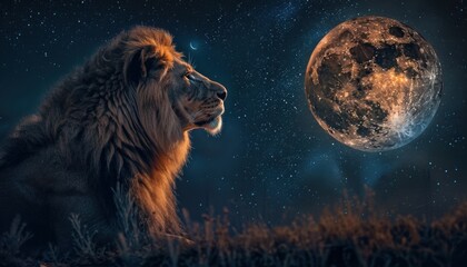 Majestic lion under moonlit sky