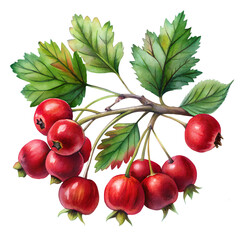 Hawthorn Berries with Green Leaves - Botanical Illustration