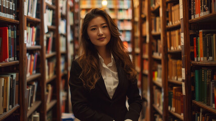 A woman is posing in front of a library of books