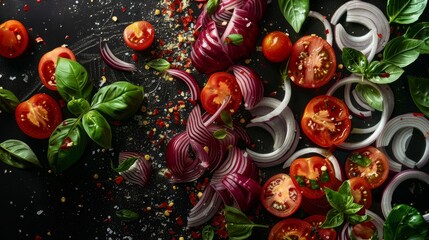 Naklejka premium Fresh Ingredients for Panzanella Salad: Tomatoes, Red Onions, and Basil on Black Background - Perfect for Recipe Design, Ads, and Cooking Blogs