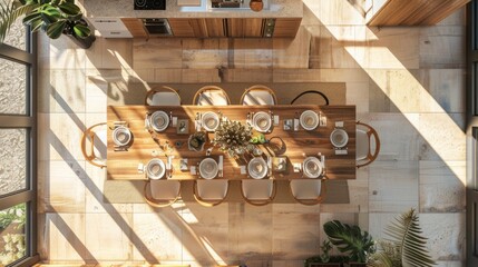 aerial view of the dining room and wooden furniture generative ai