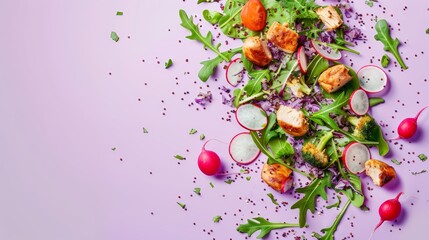 Fresh and Colorful Taco Salad Ingredients on Pastel Purple Background for Advertising Banner