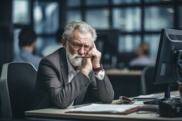 Elderly businessman looks thoughtful while working late in a modern office setting