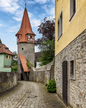 Charming narrow alley in medieval fairytale Marktbreit, Bavaria, Germany