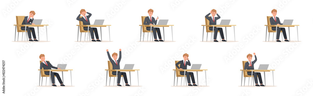 Poster man office worker sitting at desk with laptop engaged in workflow vector set