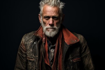 Fototapeta premium Close-up of an elderly man with a white beard, leather jacket, and profound expression