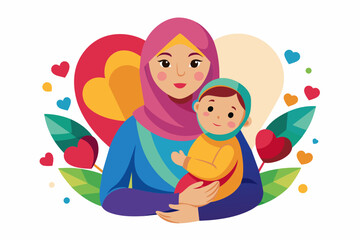  mom Muslim and baby made of hearts vector illustration 