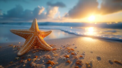 Fototapeta na wymiar starfish on the sand beach with copy space