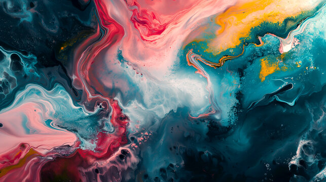 abstract art surreal acrylic water paint texture background with liquid curve wavy lines forms in blue red white yellow mix color