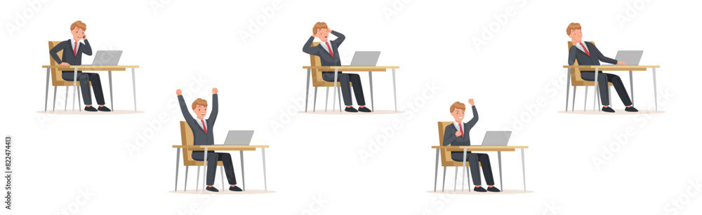 Poster man office worker sitting at desk with laptop engaged in workflow vector set