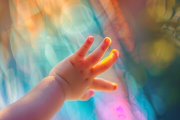 Rear view of a childs hand counting on fingers, soft sunlight casting gentle shadows, watercolor painting style, pastel colors, capturing innocence and simplicity