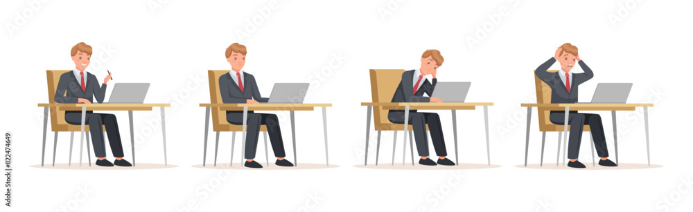 Poster man office worker sitting at desk with laptop engaged in workflow vector set